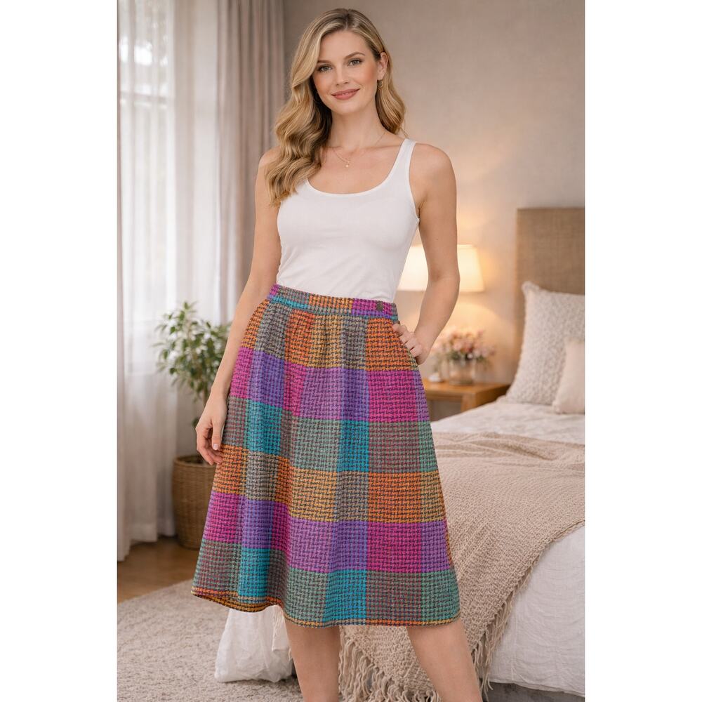 Vintage Richard Evans 100% Wool Skirt Colorful Haundstooth Check Academia Sz 10 - Picture 5 of 12